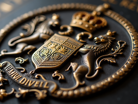 Embossed gold heraldic crest on a dark textured background, featuring a crowned shield flanked by a lion and a griffin, intricate floral scrollwork, and a circular ornamental border, rendered in high-relief metallic detail with dramatic lighting that emphasizes luxury, heritage, and authority.