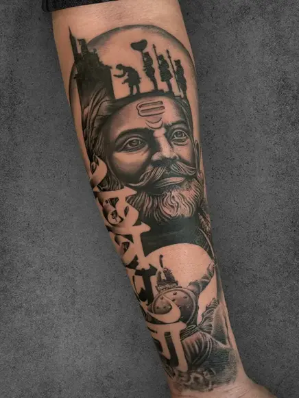 black and grey maratha portrait tattoo