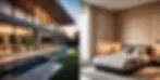 Modern hotel exterior with a pool at dusk and a warm bedroom interior: two concept images created with Dream Space AI.