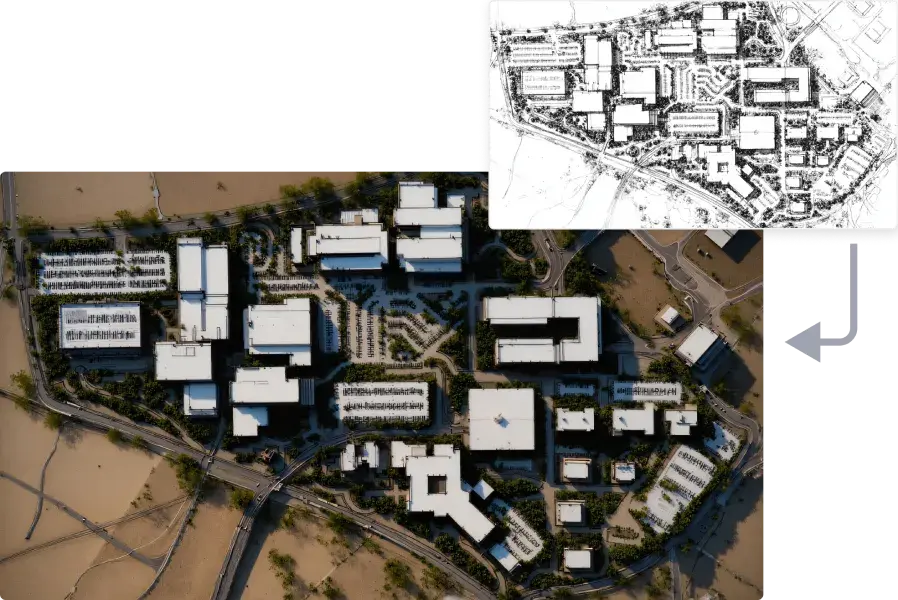Masterplan urban development sketch to detailed aerial site plan layout, before and after transformation into a photorealistic render generated with ArchiVinci AI Rendering Software Masterplan Design AI module, showing buildings, roads, and green areas in detail.