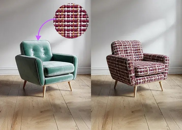 Interior design assistant AI comparison showing a green armchair transformed with textured burgundy patterned fabric, including a zoomed-in fabric detail.