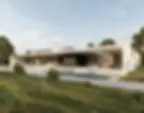 Photorealistic AI render of a modern single-story luxury villa with pool and landscaped garden in soft daylight conditions.