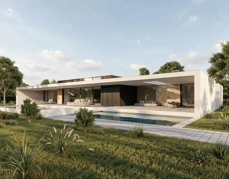Photorealistic AI render of a modern single-story luxury villa with pool and landscaped garden in soft daylight conditions.