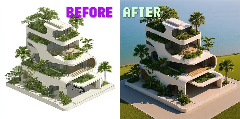 Before and after concept render of a futuristic terraced multi-level building produced with ArchiVinci AI Rendering Software, showing an early-stage gray massing model transformed into a tropical-inspired architectural concept with curved balconies, palm trees, and water elements