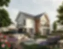Photorealistic AI render of a modern two-story house with a fully landscaped garden, outdoor seating, flowers, and a decorative fountain.