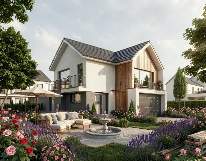 Photorealistic AI render of a modern two-story house with a fully landscaped garden, outdoor seating, flowers, and a decorative fountain.