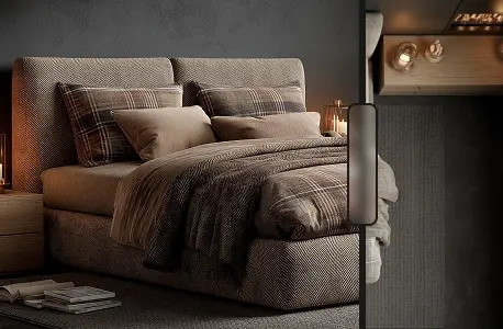 Split image showing the same kitchen interior transitioning from evening lighting to bright daylight.