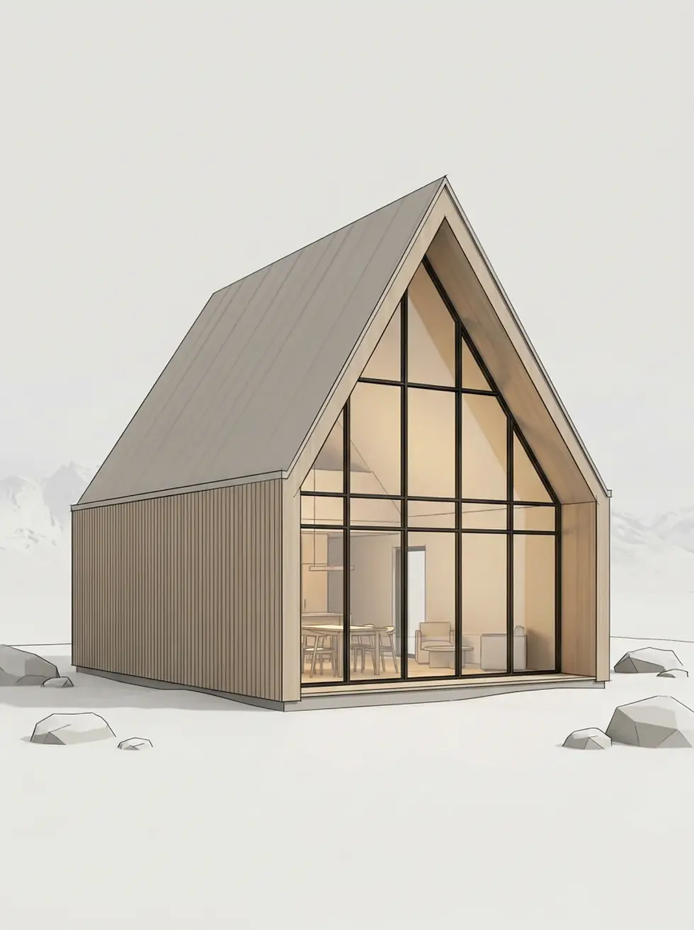 3D model of a compact A-frame cabin with timber cladding, a steep metal roof, and a floor-to-ceiling glass façade in a snowy landscape.