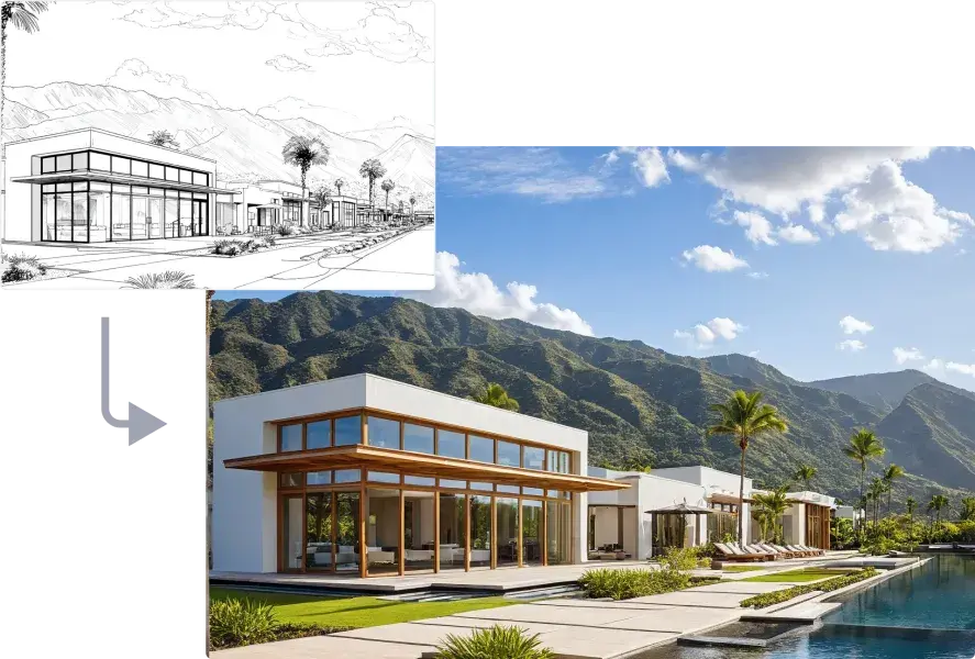 Sketch of a modern villa concept transformed into a realistic exterior render with mountain view and poolside setting, generated using ArchiVinci AI Rendering Software Sketch to Render feature.
