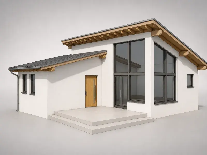 Visualizzazione architettonica con Arnold Renderer di una casa moderna a un piano con tetti inclinati, ampie vetrate angolari, gradini d’ingresso, dettagli in legno e un esterno neutro.