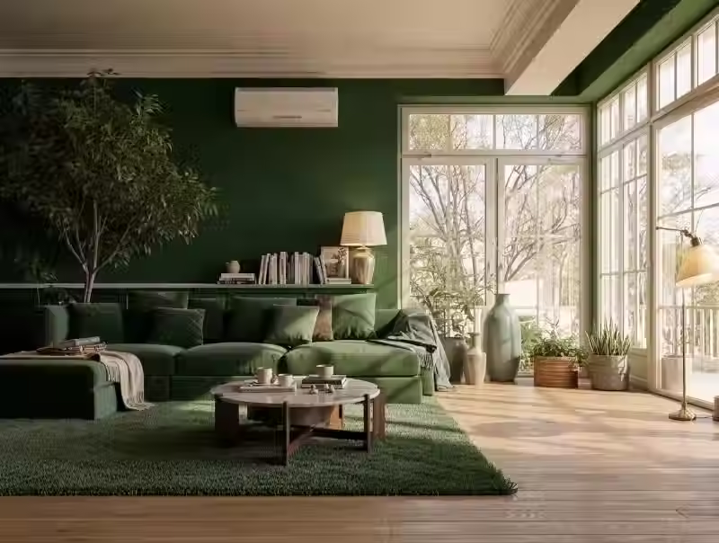 Soggiorno verde con un grande divano componibile, tappeto coordinato, piante da interno e finestre a tutta altezza.
