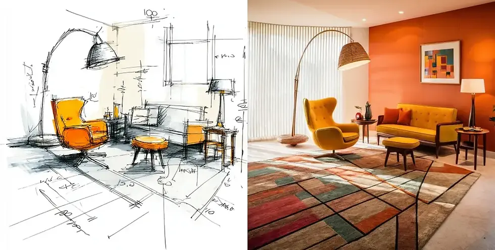 Before and after comparison of an interior living room design, showing a hand-drawn 3D sketch on the left and an ArchiVinci AI render on the right with orange accent wall, yellow armchair, sofa, rug, and modern décor.