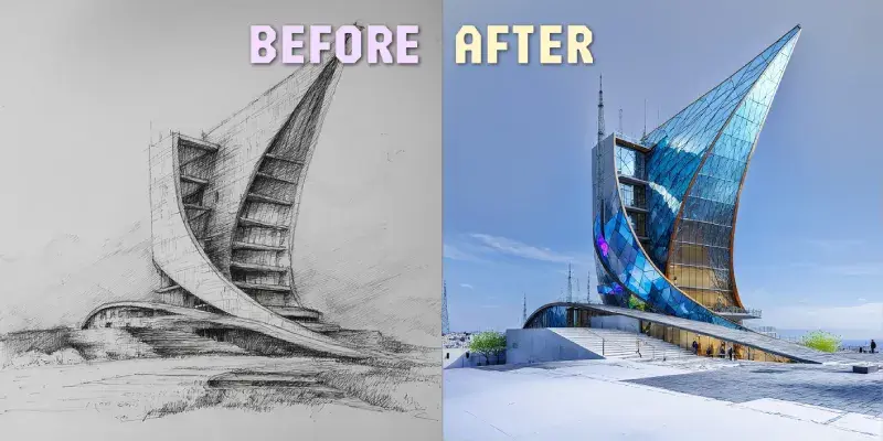 Side-by-side comparison showing an architectural sketch (Before) of a futuristic curved building on the left, and its photorealistic AI-generated visualization (After) on the right, featuring glass facades, reflective blue tones, and sharp geometric lines under a clear sky.
