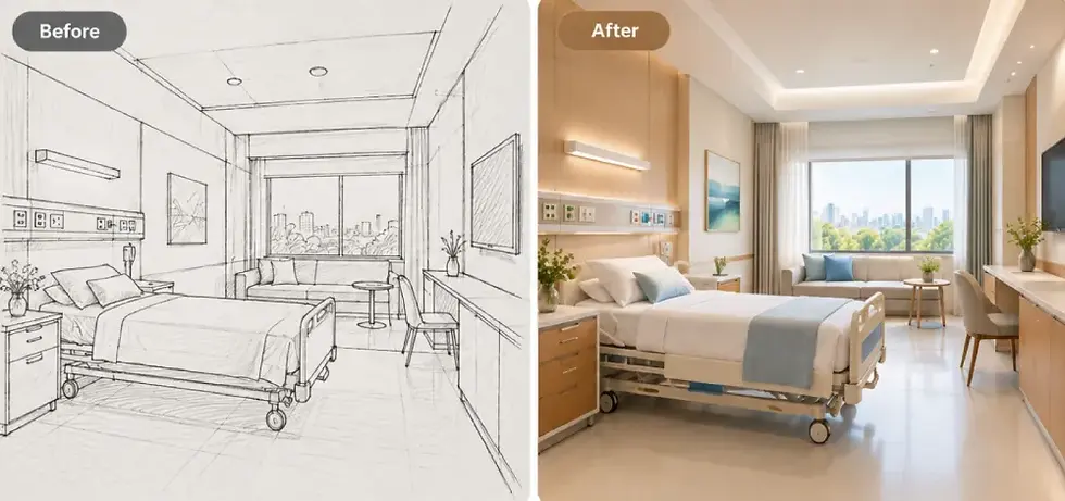 Design d'interni ospedaliero prima e dopo, con uno schizzo a mano trasformato in una stanza per pazienti fotorealistica.