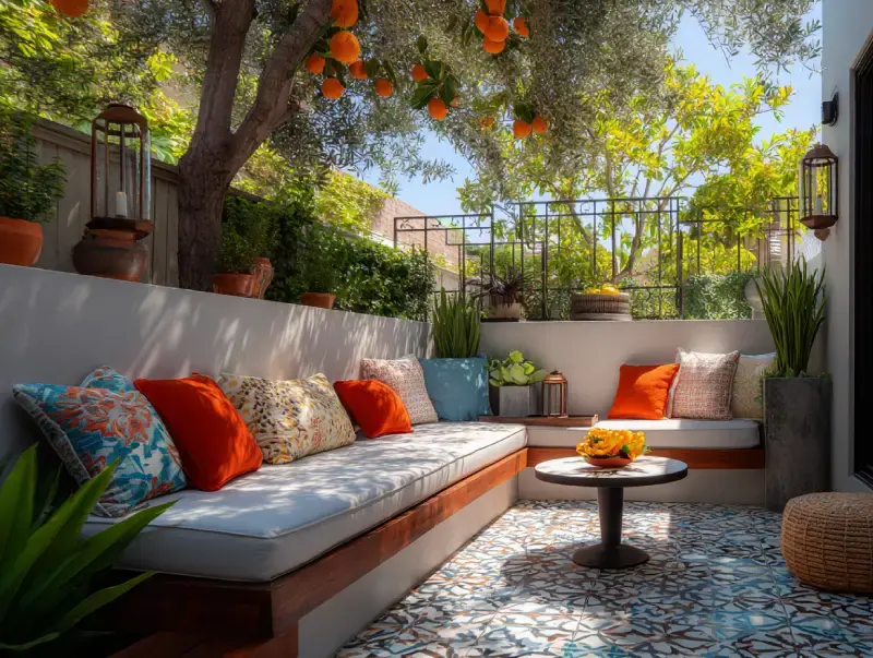 Vibrant Mediterranean-style patio with built-in seating, patterned tiles, colorful cushions, lush greenery, and orange trees creating a cozy outdoor lounge.