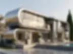 Futuristic metallic villa with smooth rounded forms, large glazing, and contemporary outdoor space.