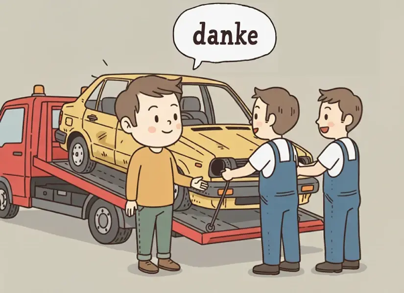 In München bedankt sich eine gezeichnete Person, während ihr beschädigtes Auto von Abschleppdienst-Mitarbeitern auf den Abschleppwagen geladen wird.