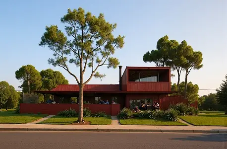 Contemporary red house with geometric design surrounded by trees and people sitting on a patio.