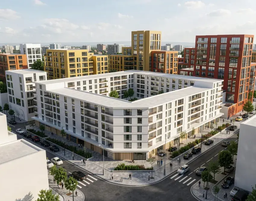 AI architectural render of a modern courtyard apartment building in an urban neighborhood.