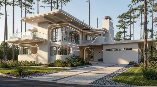 Neo futurist villa with curved facade, rounded windows, glass balcony, soft lighting, garage, and landscaped front yard.