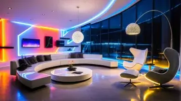 Futuristic Vision interior style render by ArchiVinci AI Interior Design, featuring neon accent lighting, futuristic curved furniture, glossy surfaces, and a high-tech aesthetic.