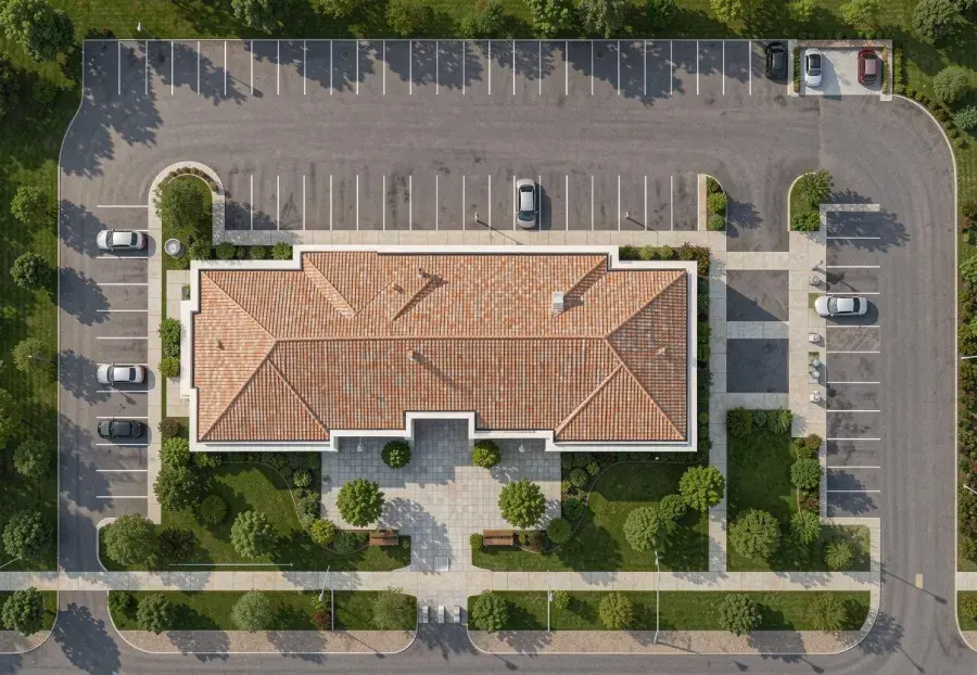 Photorealistic rendering of the same site plan with realistic building materials, tiled roof, paved parking, landscaped gardens, trees, roads, sidewalks, and parked vehicles while preserving the original layout.