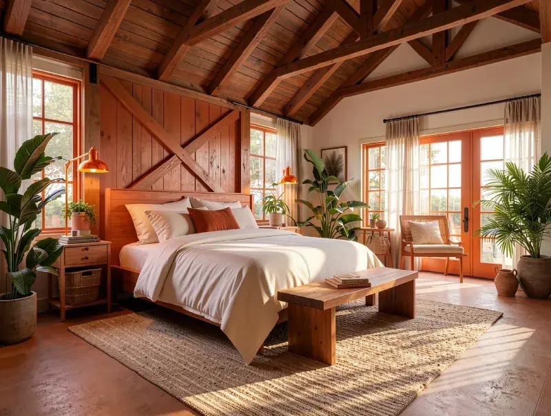 Modern farmhouse bedroom with terracotta accents, wooden bed and beams, indoor plants, large windows, and warm natural light