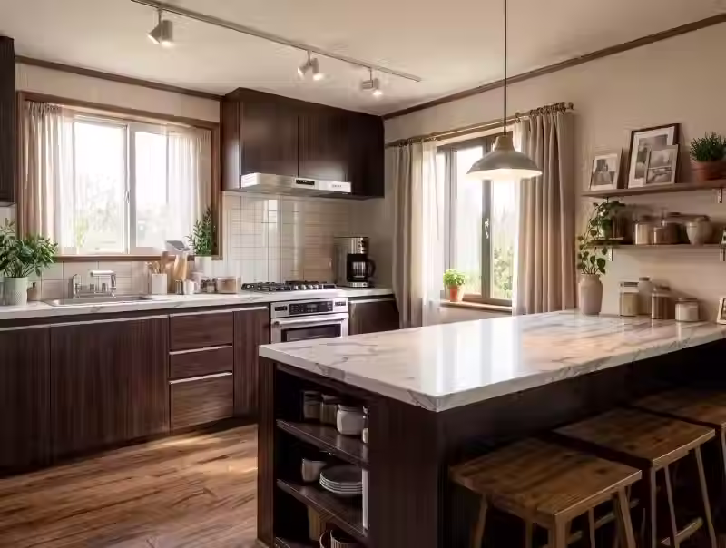 Cucina classica con mobili marrone scuro, isola in marmo, pavimento in legno caldo, mensole aperte e ampie finestre.