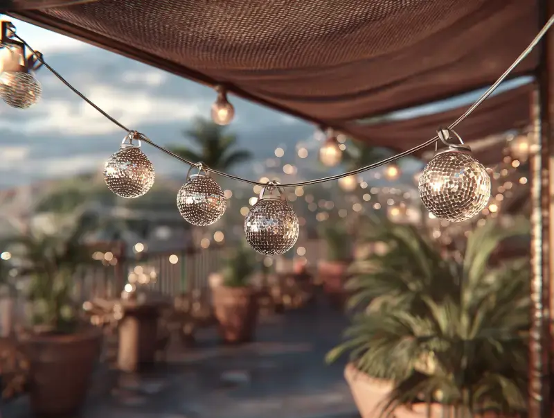Close-up of decorative globe string lights on a patio with soft bokeh lighting, potted plants, and a shaded canopy creating a warm outdoor ambiance.