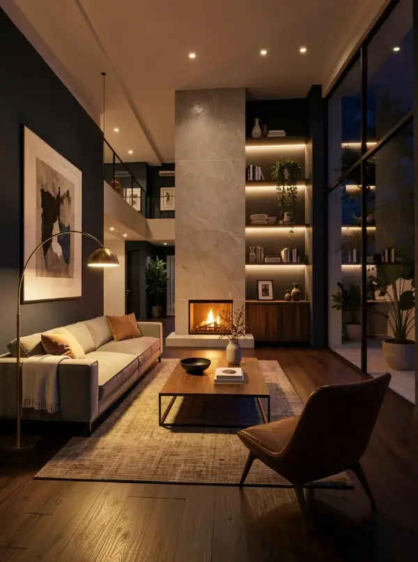 Nighttime photorealistic render of a modern living room with warm fireplace lighting, illuminated shelves, dark blue walls and floor-to-ceiling glass