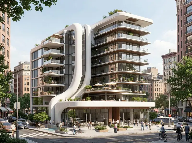 Contemporary mixed-use building with organic curved facade, glass balconies, and active urban street life.