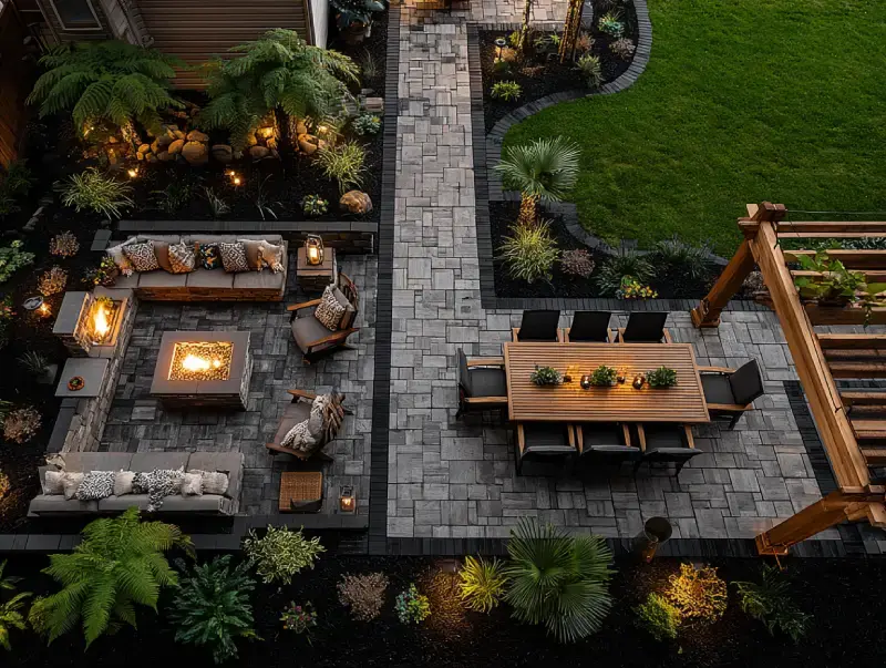 Top-down view of a landscaped patio featuring a paver walkway, outdoor dining area, L-shaped seating with a fire pit, lush greenery, and warm ambient lighting.