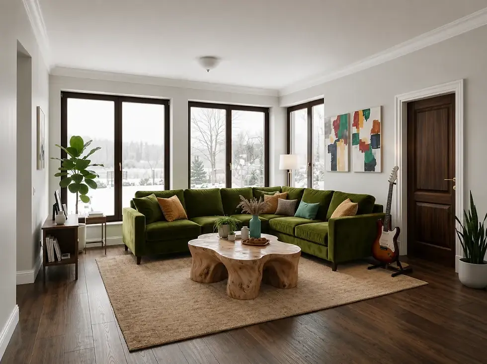 Photorealistic AI render of a modern living room with a green sectional sofa, wooden coffee table, indoor plants, and large windows.