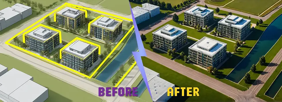 A side-by-side comparison generated by ArchiVinci's AI Urban Design Generator shows a conceptual 3D view of four blocky, identical buildings transforming into intricately rendered, multi-level modern structures with distinct windows and architectural finishes.
