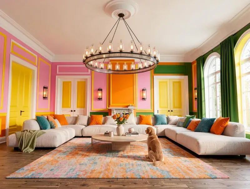 Farmhouse living room with dopamine colors, pink yellow green walls, white sectional sofa, colorful pillows, and playful classic design