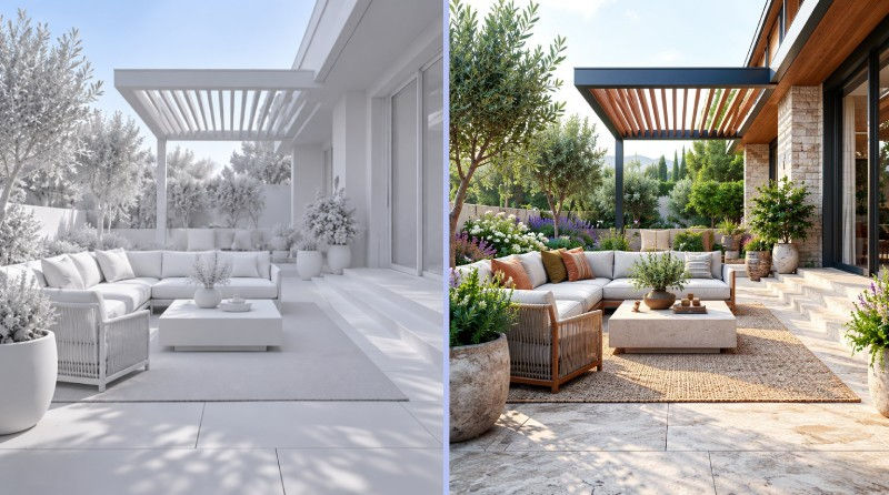 Prima e dopo di un patio progettato con IA, con un modello 3D bianco trasformato in una zona lounge esterna paesaggistica con materiali naturali e vegetazione.