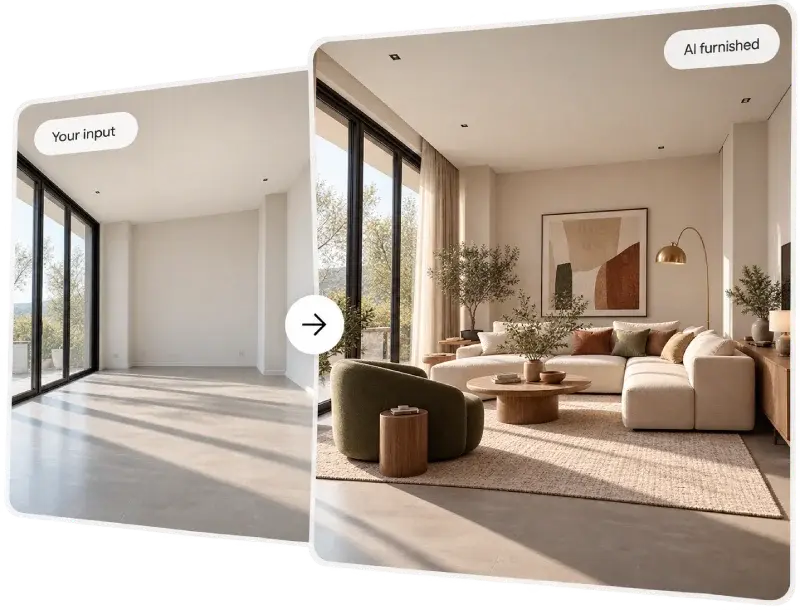 Confronto prima e dopo di un soggiorno vuoto, che mostra come l’IA aggiunge mobili e decorazioni mantenendo il layout e l’architettura originali.