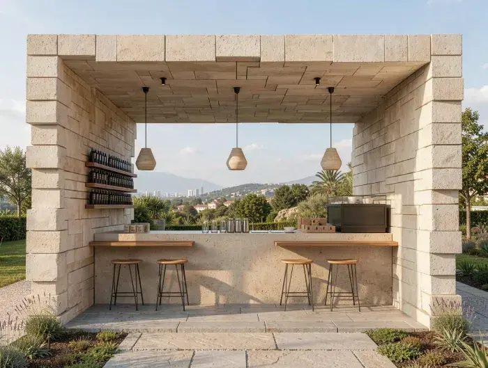 Minimalist outdoor bar pavilion with stone walls, wooden counter, stools, and pendant lighting in a landscaped setting.