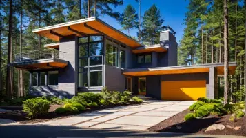 Retro Futurism architectural style exterior render created with ArchiVinci AI Exterior Design, blending curved futuristic forms, metallic accents, bold geometric lines, and colorful highlights.