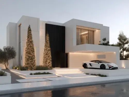 Modern luxury villa with a minimalist façade, illuminated exterior lighting, tall decorative trees, and a sleek sports car parked beneath a covered driveway.