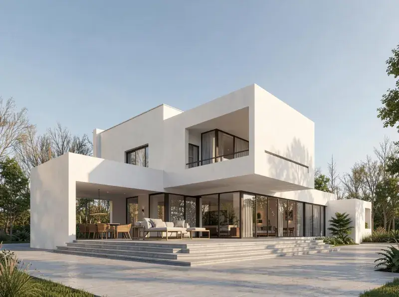 Minimalist cubic villa with white concrete volumes, floor-to-ceiling glass, and clean outdoor terrace.