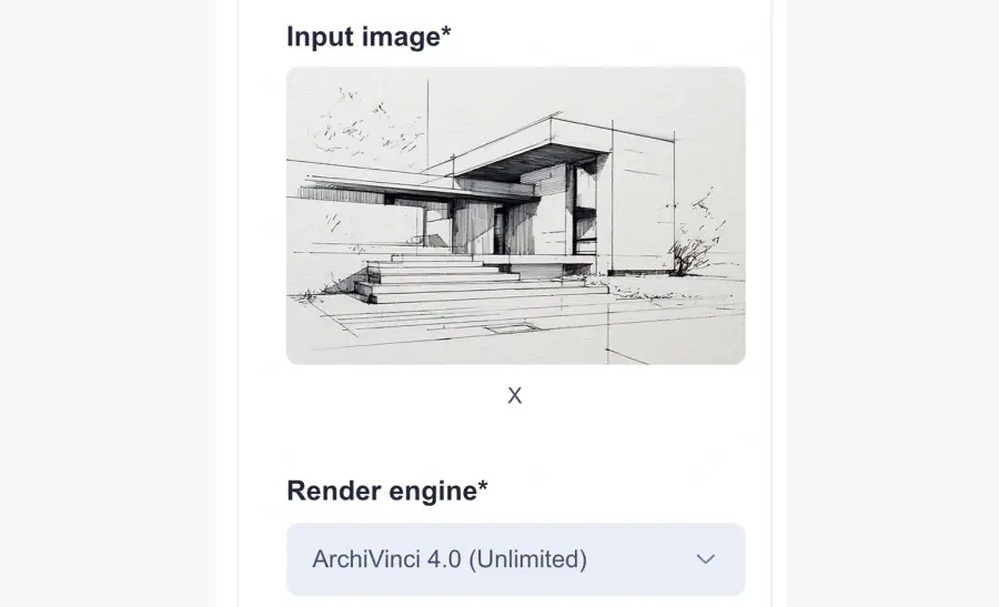ArchiVinci AI render setup screen showing an uploaded architectural sketch as the input image and ArchiVinci 4.0 selected as the render engine.
