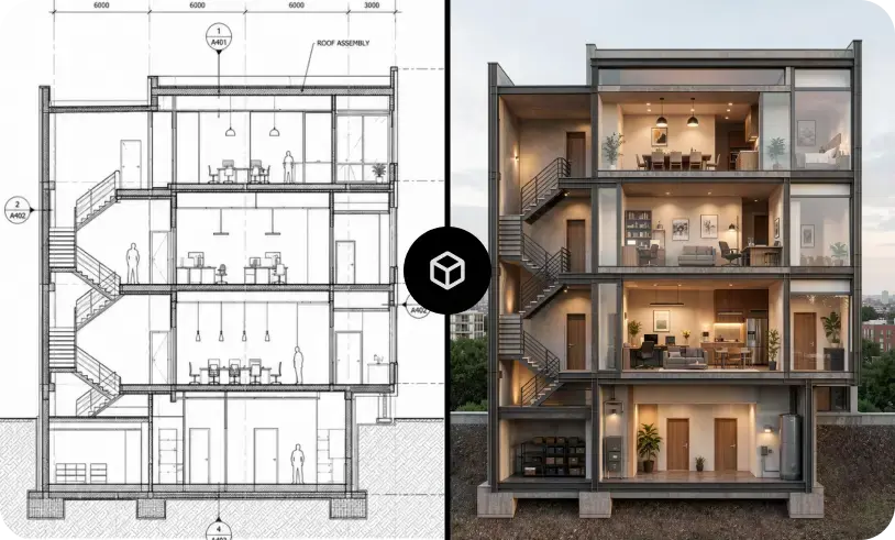 Revit building section drawing transformed into a photorealistic sectional architectural render showing interior spaces across multiple floors.