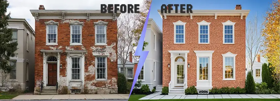 A two-story brick townhouse transformation, showing an aged facade with heavy wear and peeling masonry beside a fully restored residence with crisp red brick, white window frames, decorative trim, and landscaped entry created using ArchiVinci facade restoration with AI.