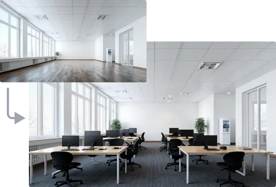 Virtual staging of an office, empty room to furnished modern workspace design, before and after transformation generated with ArchiVinci AI Rendering Software Virtual Staging module, turning a vacant interior into a professional office with desks, chairs, and plants.