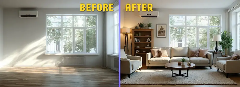 Before-and-after virtual staging of an empty living room transformed into a furnished interior with sofa, plants, and decor using ArchiVinci Virtual Staging AI.