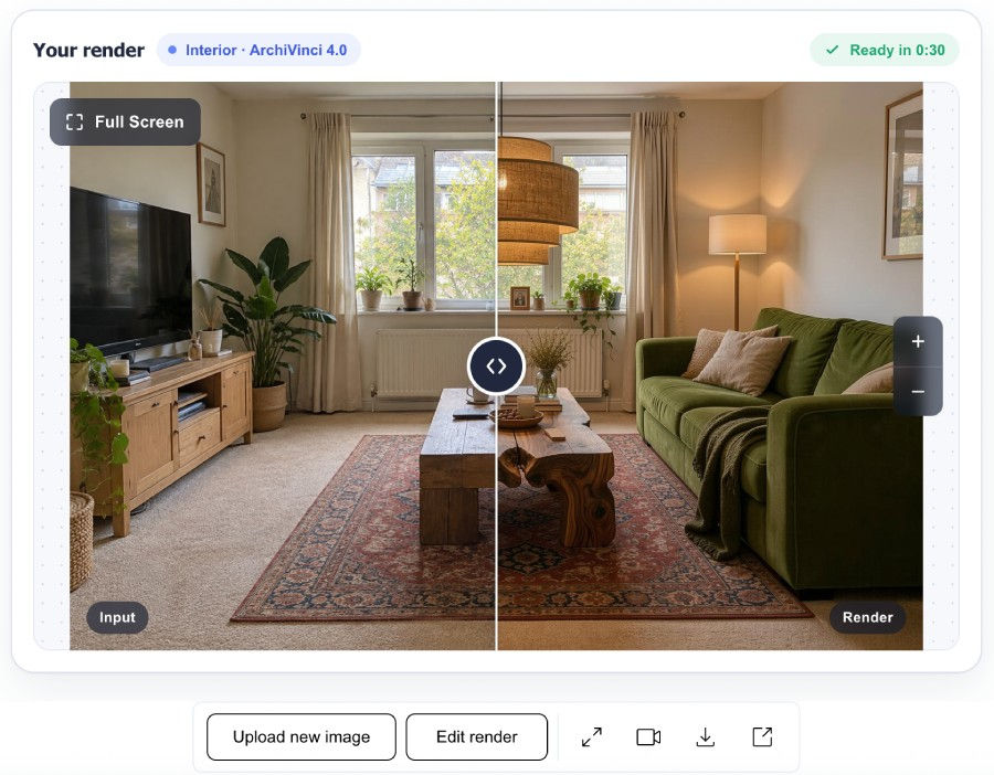 Confronto prima e dopo in ArchiVinci con la foto originale del soggiorno e il redesign degli interni generato con l’AI, con divano verde oliva e arredi aggiornati.
