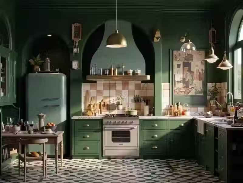 Cucina contemporanea verde scuro con mobili coordinato, elettrodomestici rétro, pavimento in piastrelle decorate e illuminazione metallica calda.