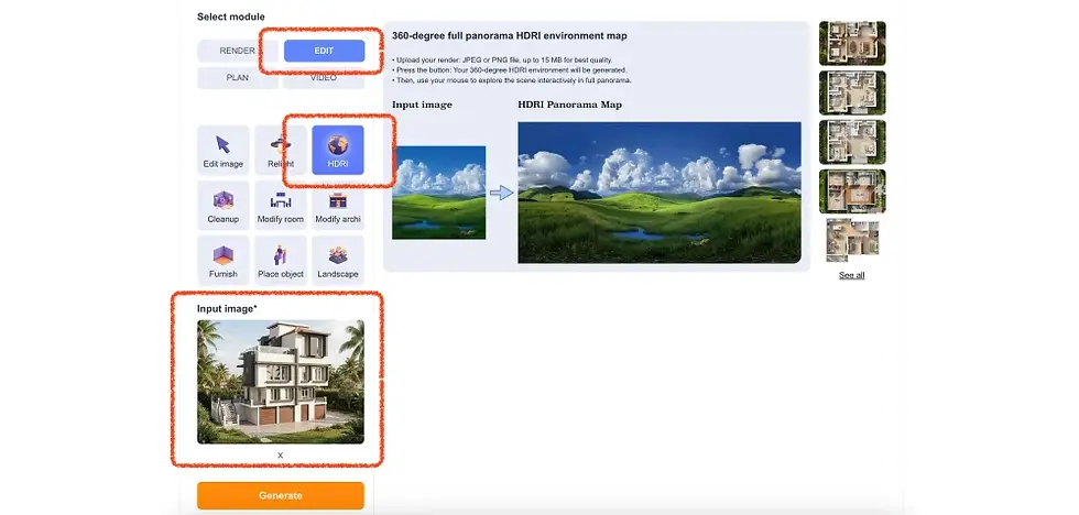 Interfaz del módulo HDRI de ArchiVinci que muestra cómo subir una imagen arquitectónica y generar un mapa de entorno panorámico de 360 grados.