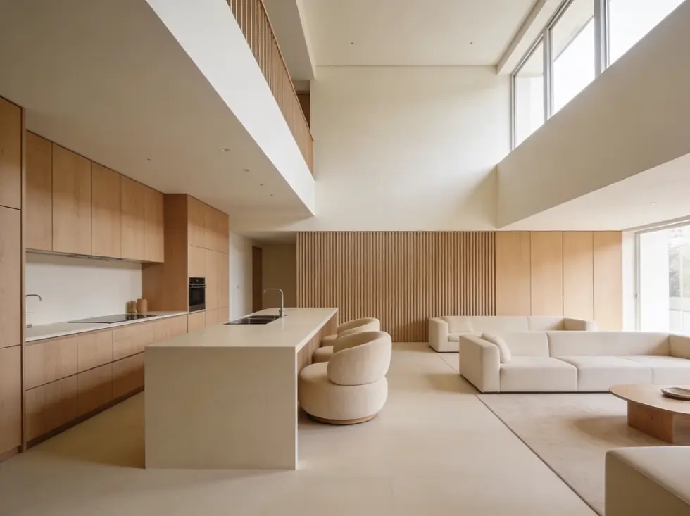 Photorealistic AI render of a modern open-plan kitchen and living room with light wood finishes, double-height ceiling, and soft neutral tones.
